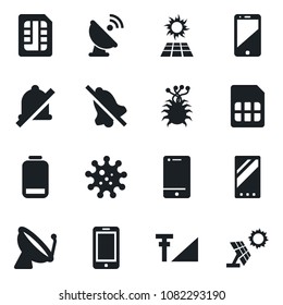Set of vector isolated black icon - satellite antenna vector, mobile phone, virus, cell, low battery, sim, mute, cellular signal, sun panel