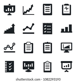 Set of vector isolated black icon - growth statistic vector, monitor, pulse clipboard, statistics, bar graph, checklist, point, presentation