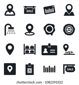 Set of vector isolated black icon - identity vector, shower, luggage storage, stamp, navigation, pin, barcode, place tag, card, sale