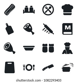 Set of vector isolated black icon - cook vector, cafe, hat, menu, bacon, salt and pepper, ham, bowl, rolling pin, cutting board, knife, steaming pan