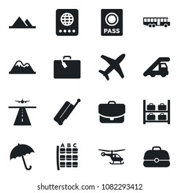 Set of vector isolated black icon - runway vector, suitcase, airport bus, umbrella, passport, ladder car, helicopter, seat map, luggage storage, plane, mountains, case