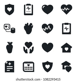Set of vector isolated black icon - heart vector, pulse, diagnosis, blood pressure, shield, hand, real, medical calendar, clipboard, sweet home