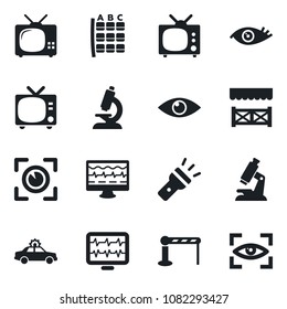 Set of vector isolated black icon - barrier vector, tv, alarm car, seat map, monitor pulse, microscope, eye, torch, alcove, scan