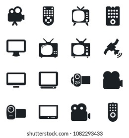 Set of vector isolated black icon - satellite vector, tv, video camera, remote control, monitor