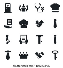 Set of vector isolated black icon - medical room vector, handshake, tie, document, stethoscope, meeting, cook hat
