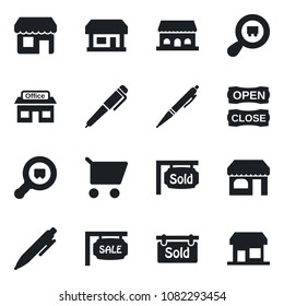 Set of vector isolated black icon - shop vector, pen, store, search cargo, sale, sold signboard, cafe building, open close, cart, storefront