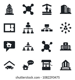 Set of vector isolated black icon - hierarchy vector, well, molecule, hospital, office building, garage, plan, home message