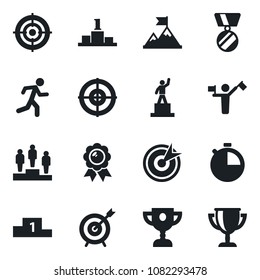 Set of vector isolated black icon - dispatcher vector, pedestal, medal, run, stopwatch, target, motivation, award cup
