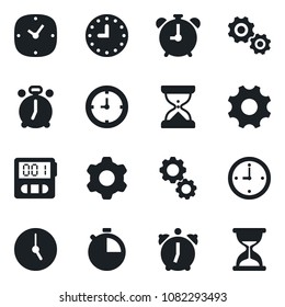 Set of vector isolated black icon - alarm clock vector, settings, stopwatch, gear, sand