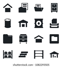 Set of vector isolated black icon - luggage storage vector, warehouse, oil barrel, rack, folder, document, paper tray, archive box