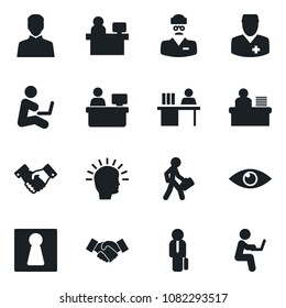 Set of vector isolated black icon - female vector, handshake, manager place, eye, doctor, user, desk, shining head, man with notebook