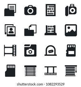 Set of vector isolated black icon - ticket office vector, abacus, folder document, film frame, camera, gallery, sd, photo, jalousie