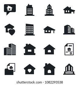 Set of vector isolated black icon - house vector, office building, with garage, estate document, sweet home, city, message