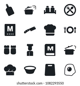 Set of vector isolated black icon - cook vector, cafe, hat, menu, salt and pepper, bowl, cutting board, knife, steaming pan, omelette