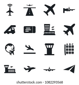 Set of vector isolated black icon - plane vector, airport tower, runway, radar, arrival, ticket, ladder car, boarding, seat map, globe, building, paper