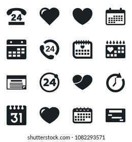 Set of vector isolated black icon - 24 around vector, heart, medical calendar, hours, clock, schedule