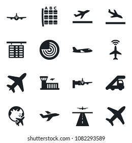 Set of vector isolated black icon - plane vector, runway, radar, departure, arrival, ladder car, boarding, seat map, flight table, globe, airport building