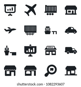 Set of vector isolated black icon - shop vector, store, plane, truck trailer, car delivery, sea port, search cargo, presentation, storefront