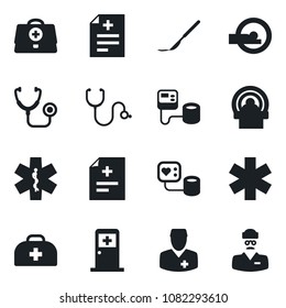 Set of vector isolated black icon - medical room vector, doctor case, diagnosis, stethoscope, blood pressure, scalpel, tomography, ambulance star