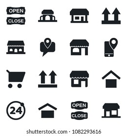 Set of vector isolated black icon - 24 around vector, shop, store, mobile tracking, warehouse storage, up side sign, cafe building, open close, cart, storefront