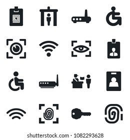 Set of vector isolated black icon - passport control vector, security gate, identity card, disabled, wireless, key, fingerprint, router, eye scan