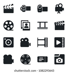 Set of vector isolated black icon - ticket vector, clapboard, film frame, reel, video camera, mobile, photo gallery