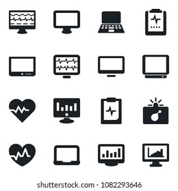 Set of vector isolated black icon - bomb in case vector, notebook pc, statistic monitor, heart pulse, clipboard, tv, statistics