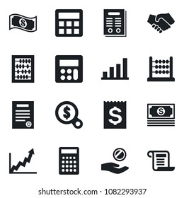 Set of vector isolated black icon - abacus vector, cash, receipt, calculator, bar graph, contract, handshake, growth, money search, investment