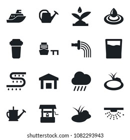 Set of vector isolated black icon - watering can vector, rain, well, pond, drip irrigation, sea shipping, port, warehouse, drink, water, filter, sprinkler