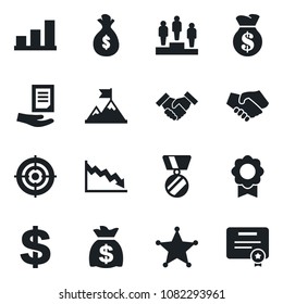Set of vector isolated black icon - dollar sign vector, pedestal, medal, money bag, document, sertificate, bar graph, target, handshake, police, motivation, crisis, certificate