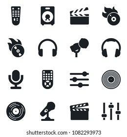 Set of vector isolated black icon - clapboard vector, vinyl, flame disk, microphone, remote control, headphones, speaker, tuning