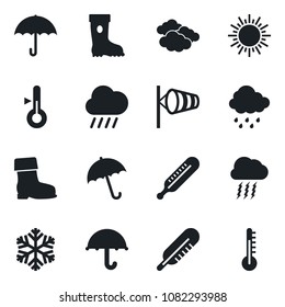 Set of vector isolated black icon - umbrella vector, sun, clouds, storm cloud, wind, boot, rain, thermometer, snowflake
