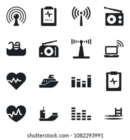 Set of vector isolated black icon - antenna vector, wireless notebook, heart pulse, clipboard, sea shipping, radio, equalizer, pool