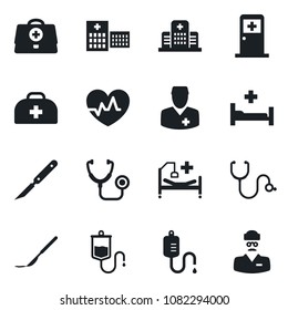 Set of vector isolated black icon - medical room vector, heart pulse, doctor case, stethoscope, dropper, scalpel, hospital bed