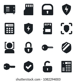 Set of vector isolated black icon - safe vector, shield, protect, sd, lock, face id, key, combination