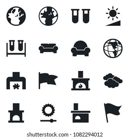 Set of vector isolated black icon - clouds vector, fireplace, blood test vial, earth, brightness, cushioned furniture, flag