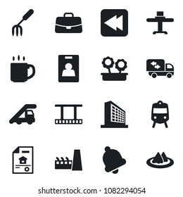 Set of vector isolated black icon - train vector, ladder car, office building, case, garden fork, film frame, rewind, bell, coffee, identity card, estate document, moving, flower in pot, factory