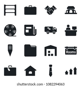 Set of vector isolated black icon - suitcase vector, case, manager place, plant label, rack, reel, news, folder, tie, handshake, house, warehouse, rooms, moving, cafe building, arrow up graph