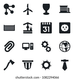 Set of vector isolated black icon - pennant vector, sun, well, axe, cargo container, fragile, calendar, paper clip, office building, socket, pc, windmill, gear, earth, social media, tie
