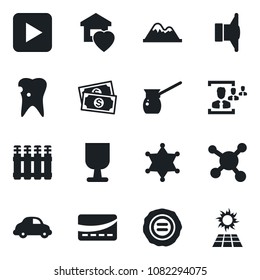Set of vector isolated black icon - stamp vector, caries, molecule, cash, car delivery, fragile, speaker, play button, hr, mountains, sweet home, credit card, turkish coffee, radiator, police