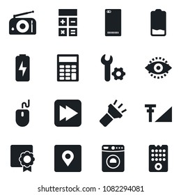 Set of vector isolated black icon - washer vector, calculator, mouse, radio, low battery, fast forward, phone back, torch, place tag, eye id, cellular signal, charge, sertificate, root setup
