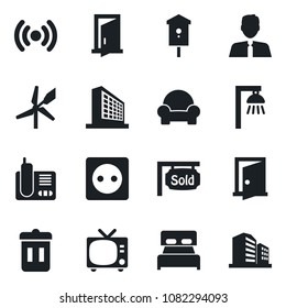 Set of vector isolated black icon - tv vector, office building, bird house, radio phone, sold signboard, estate agent, bedroom, cushioned furniture, socket, wireless, outdoor lamp, trash bin, door