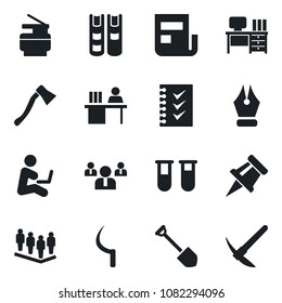 Set of vector isolated black icon - team vector, desk, job, sickle, axe, blood test vial, drawing pin, news, ink pen, checklist, manager, copier, book, man with notebook, hard work