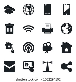 Set of vector isolated black icon - clouds vector, house, antenna, video camera, cell phone, back, mail, wireless, printer, home control, app, trash bin, earth, social media