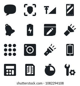 Set of vector isolated black icon - mobile phone vector, menu, message, camera, calculator, stopwatch, bell, sim, notes, torch, face id, cellular signal, charge, root setup