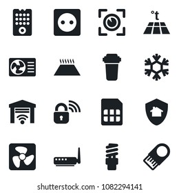 Set of vector isolated black icon - sim vector, socket, fan, wireless lock, remote control, router, snowflake, air conditioner, water filter, warm floor, energy saving bulb, garage gate, eye scan