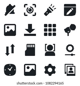 Set of vector isolated black icon - microphone vector, menu, gallery, settings, clock, sd, notes, data exchange, download, torch, mute, brightness, face id, eye, photo