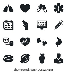 Set of vector isolated black icon - heart vector, pulse, monitor, syringe, blood pressure, pills, ambulance star, stomach, lungs, real, joint, broken bone, medical calendar, doctor