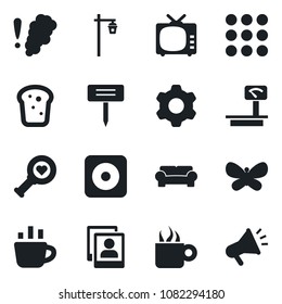 Set of vector isolated black icon - coffee vector, butterfly, plant label, garden light, heart diagnostic, heavy scales, tv, rec button, menu, settings, photo gallery, cushioned furniture, bread