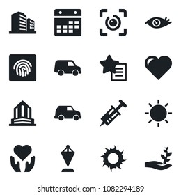 Set of vector isolated black icon - pennant vector, sun, heart, syringe, hand, eye, favorites list, calendar, id, fingerprint, car, office building, palm sproute
